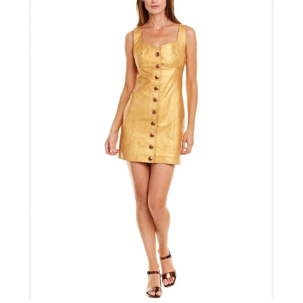 Free People Gold Leather Mini Dress Button Front Sleeveless Size 4 NWT